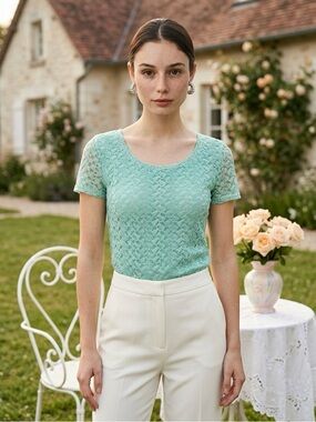 Vintage Coral Bay Cottage Core Coquette Small Petite Teal Green Crochet Top